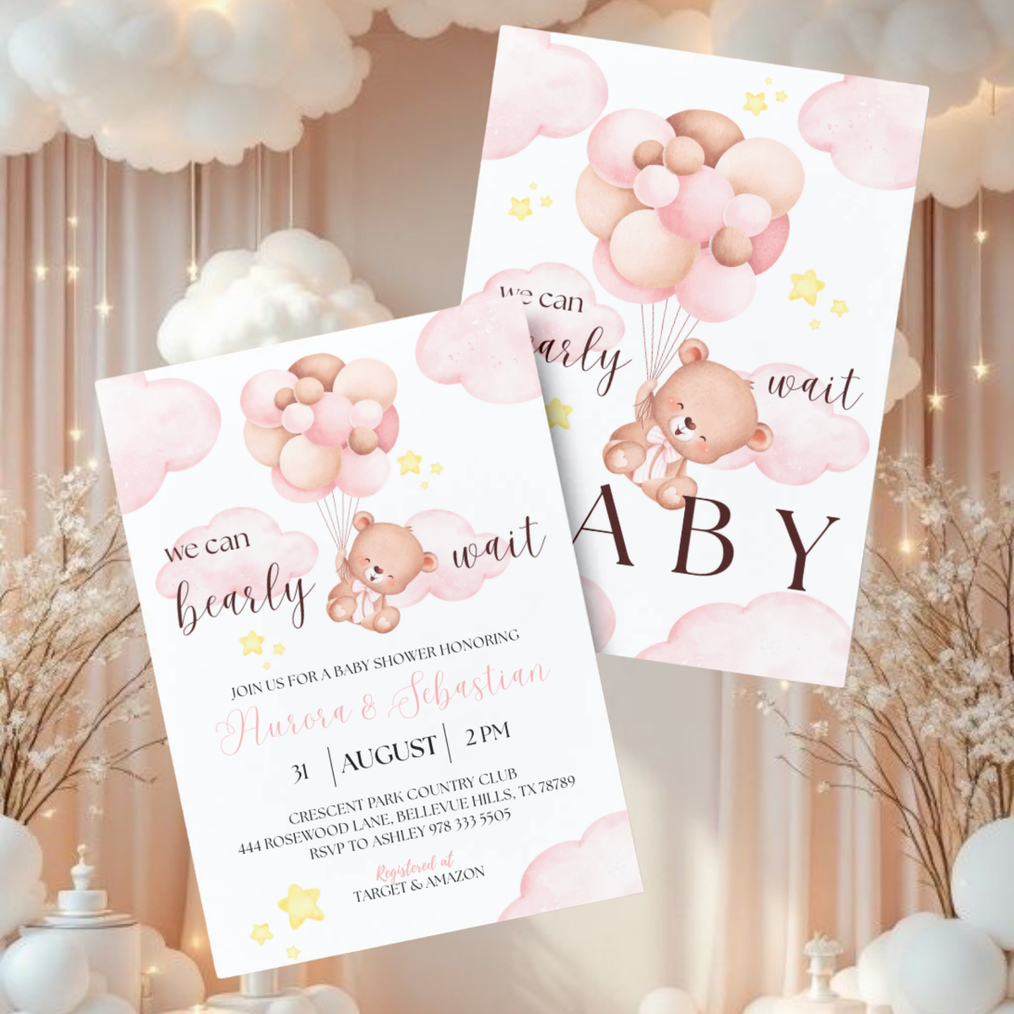 We Can Bearly Wait Baby | Baby Shower Invitation | Bear in the Clouds Theme | Pink