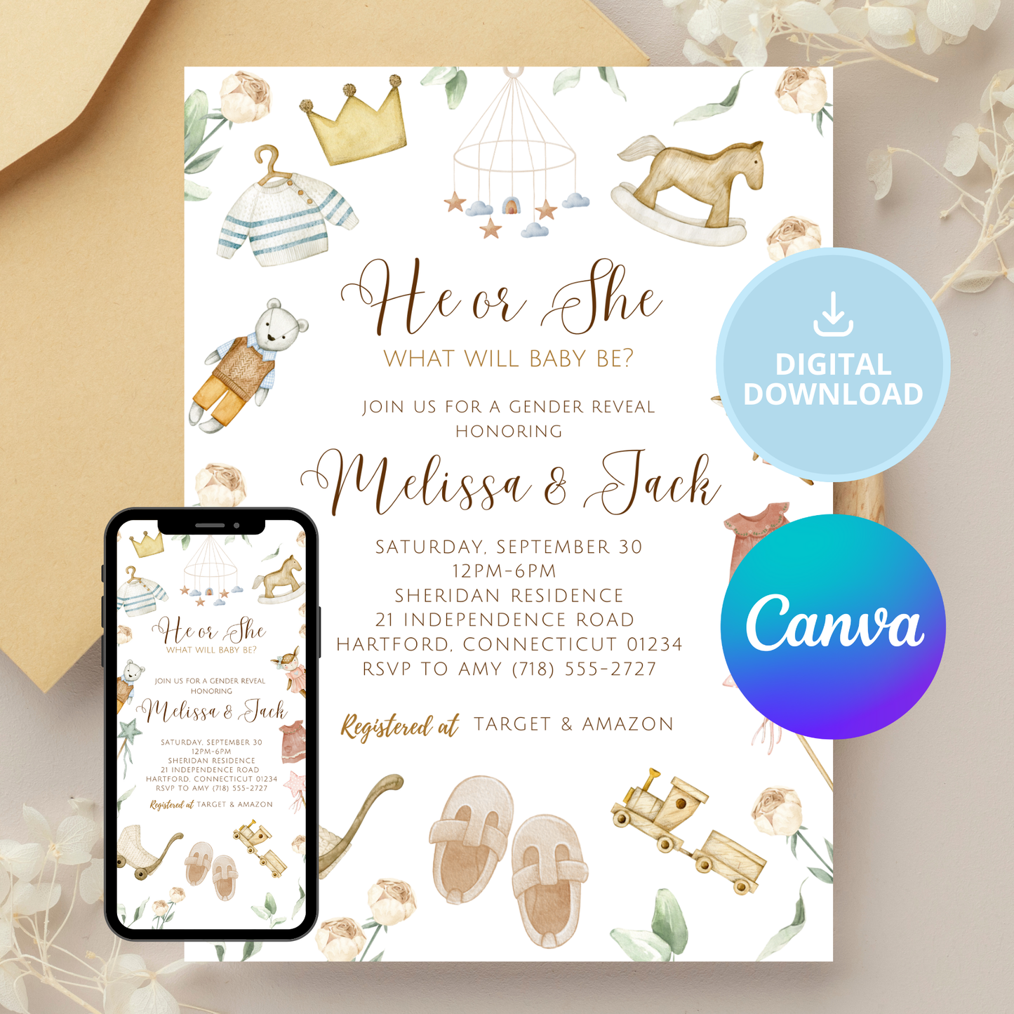 Neutral Vintage Gender Reveal Invitation