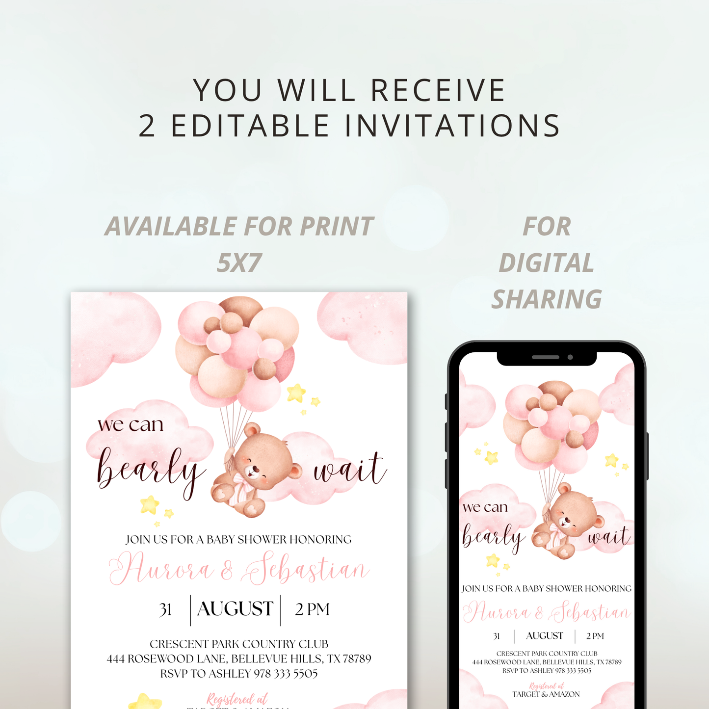 We Can Bearly Wait Baby | Baby Shower Invitation | Bear in the Clouds Theme | Pink