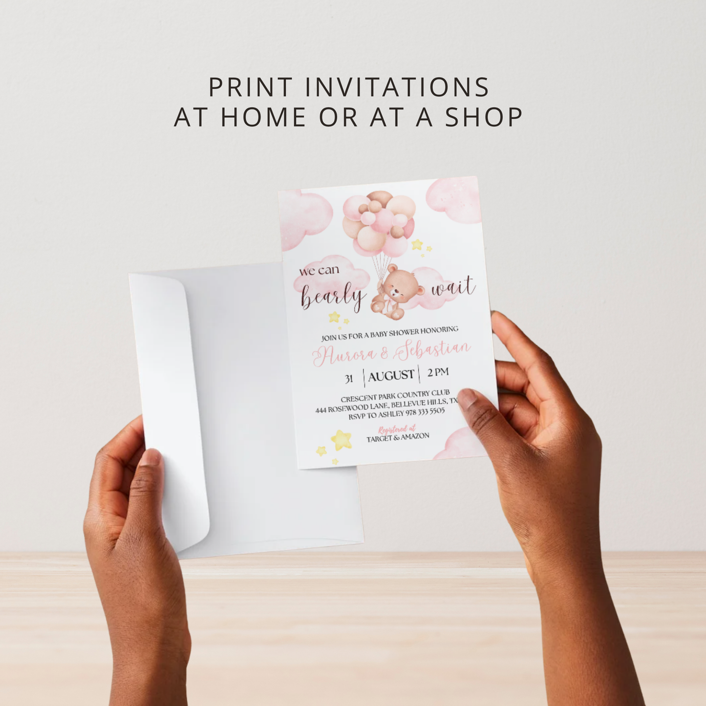 We Can Bearly Wait Baby | Baby Shower Invitation | Bear in the Clouds Theme | Pink