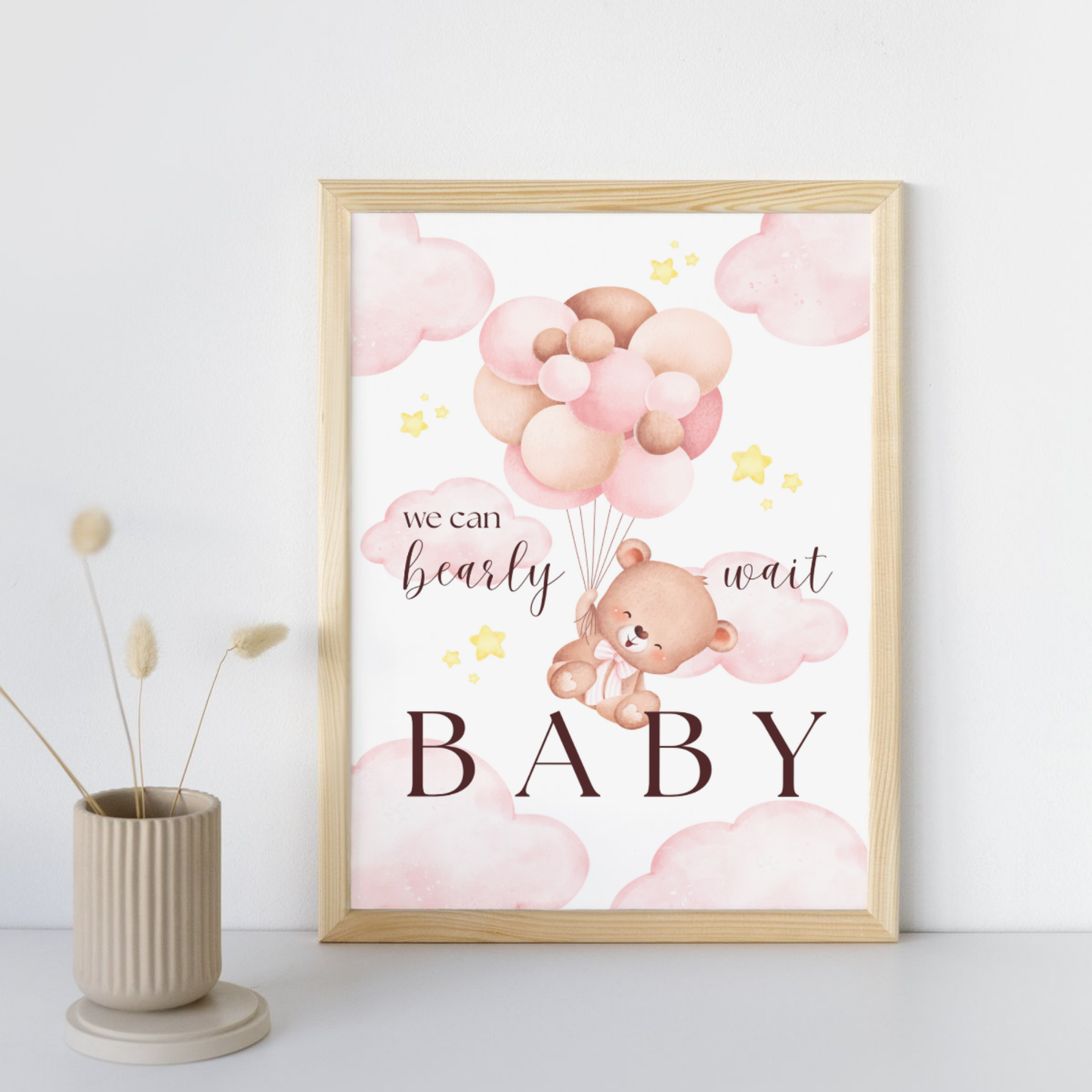 We Can Bearly Wait Baby | Baby Shower Invitation | Bear in the Clouds Theme | Pink