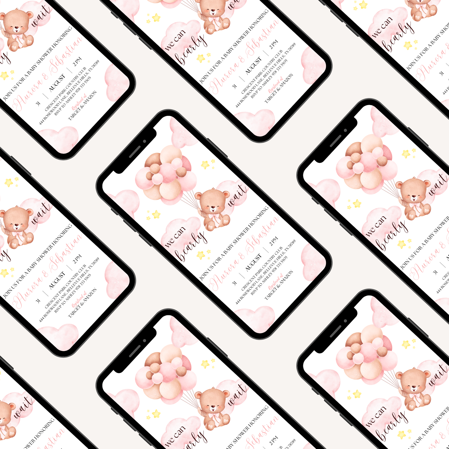 We Can Bearly Wait Baby | Baby Shower Invitation | Bear in the Clouds Theme | Pink