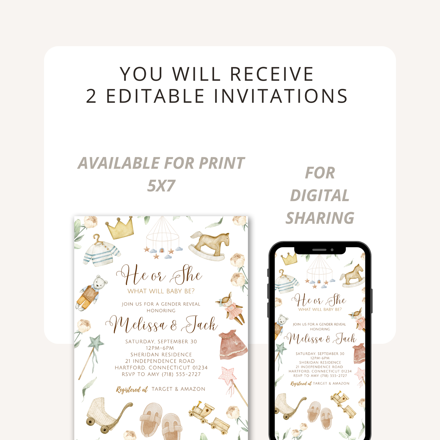 Neutral Vintage Gender Reveal Invitation