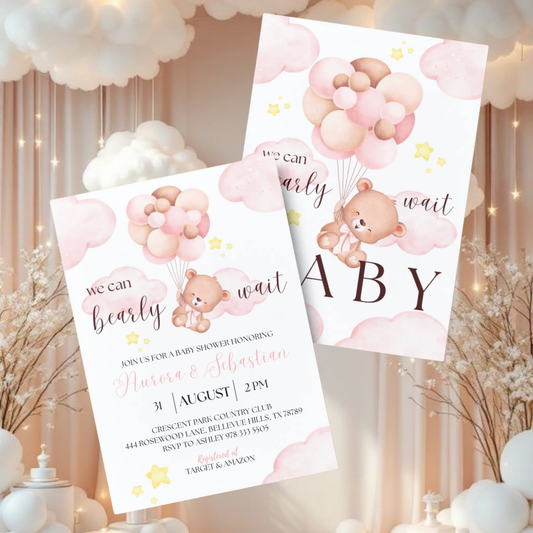 We Can Bearly Wait Baby | Baby Shower Invitation | Bear in the Clouds Theme | Pink