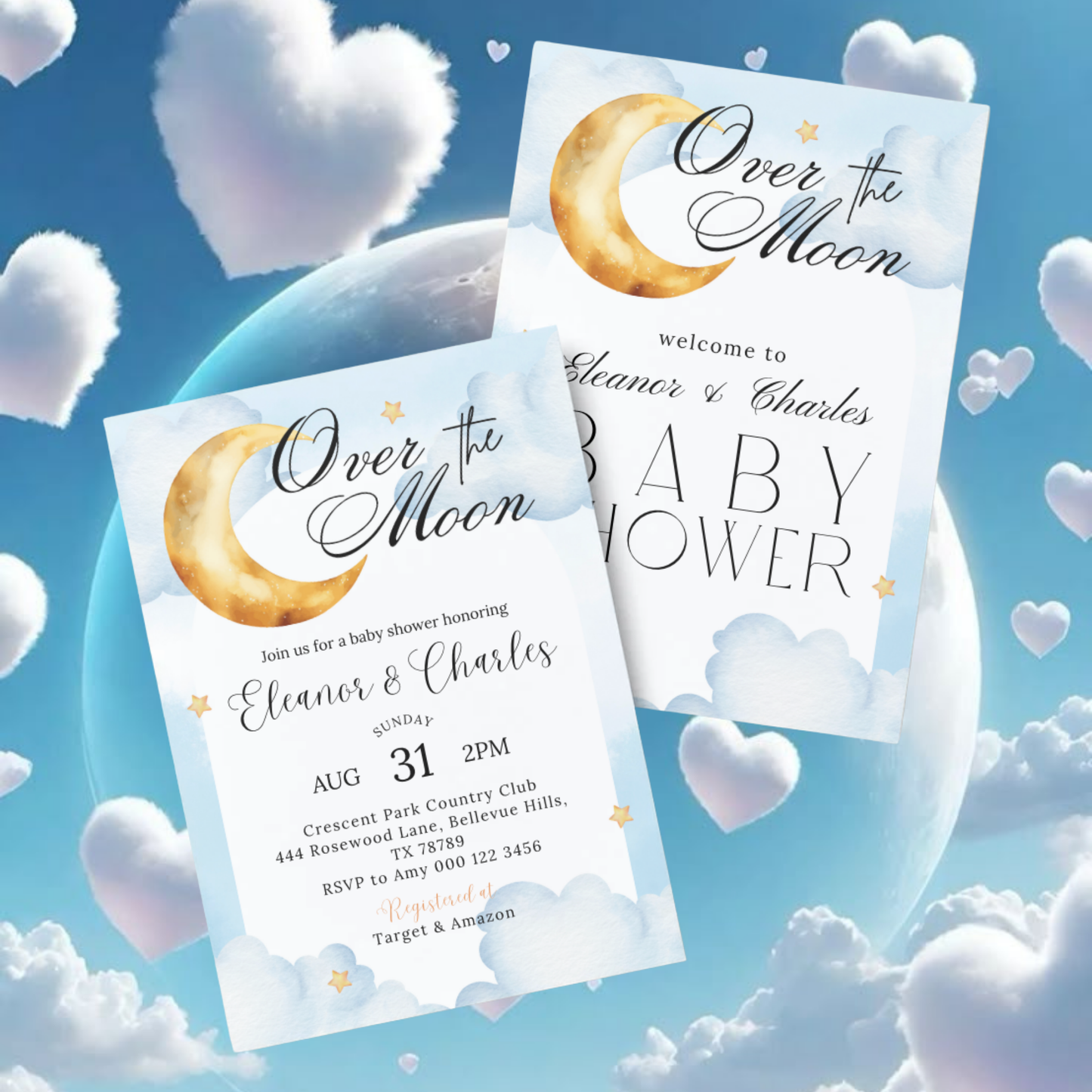 Over the Moon Baby Shower Invitation | Moon and Stars Celestial theme | Whimsical Night Sky | Starry Nights