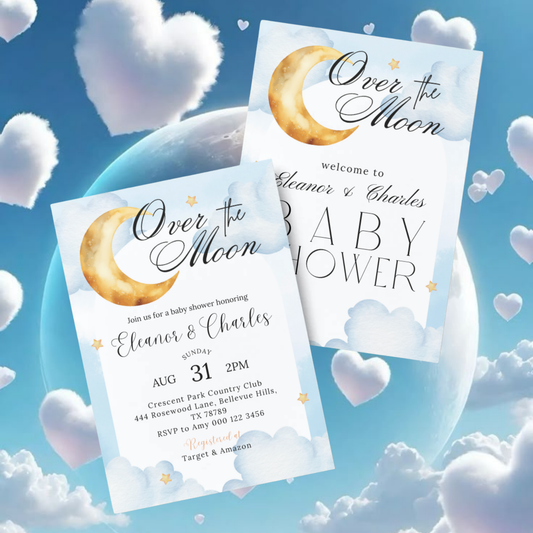Over the Moon Baby Shower Invitation | Moon and Stars Celestial theme | Whimsical Night Sky | Starry Nights