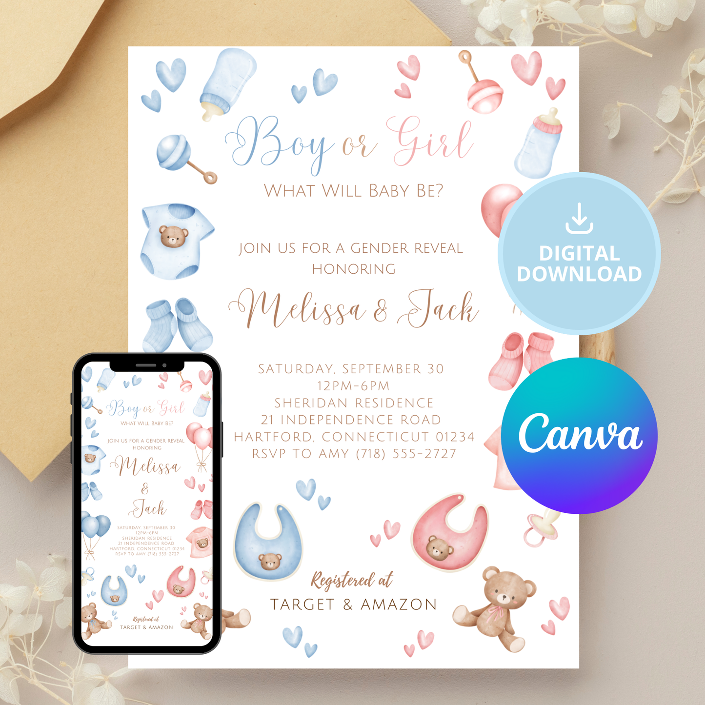 Classic Blue & Pink Gender Reveal Invitation