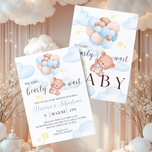 We Can Bear-ly Wait Baby | Baby Shower Invitation | Bear in the Clouds Theme | Blue