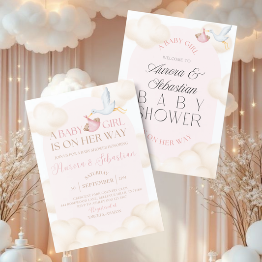 Celebrating Under the Clouds | A Baby Girl is on Her Way | Pink | Cloud Theme Baby Shower Invitation