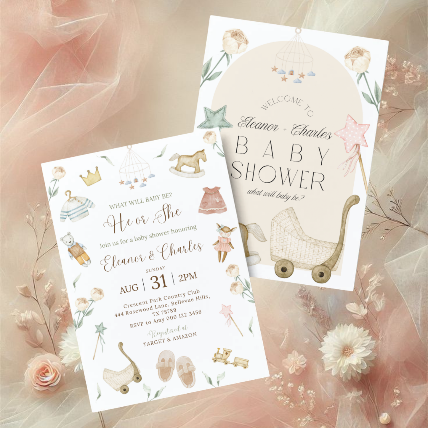 A Vintage Celebration for Baby-to-be | Neutral Gender Reveal | What will baby be? | He or She | Baby Shower Invitation