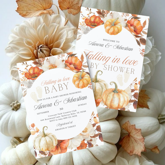 Falling in love Baby | Rustic Neutral Theme | Fall Flowers and Pumpkin | Autumn Baby Shower Invitation