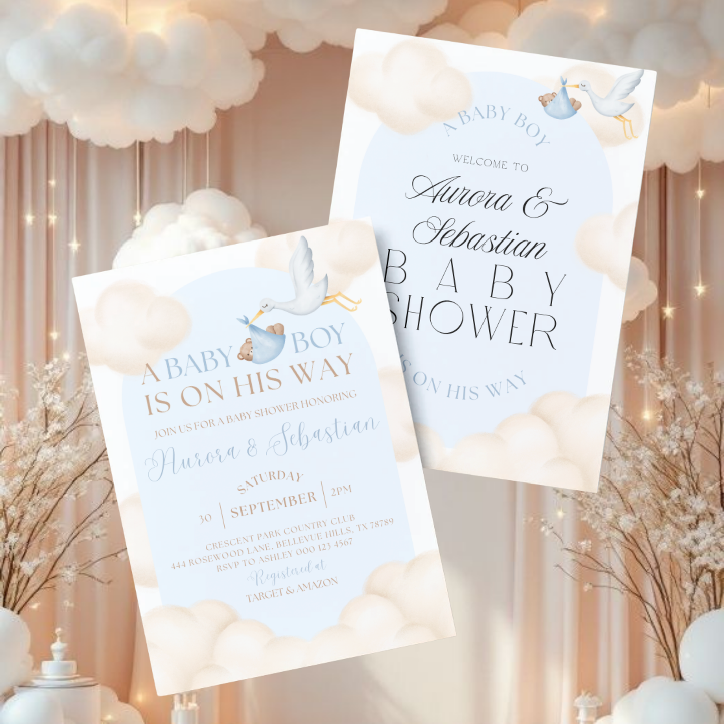 Celebrating Under the Clouds | A Baby Boy is on His Way | Blue | Cloud Theme Baby Shower Invitation