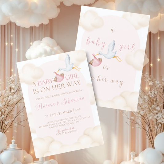 A Baby Girl is on Her Way | Pink | Cloud Theme Baby Shower | Digital Invitation