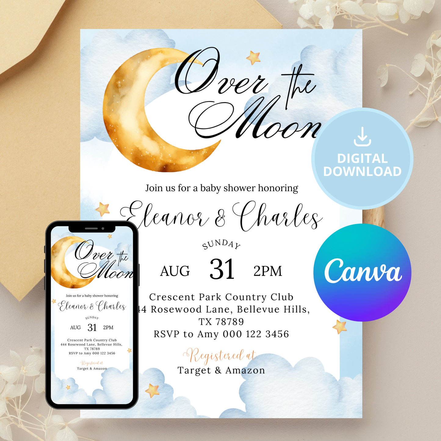 Over the Moon Baby Shower Invitation | Moon and Stars Celestial theme | Whimsical Night Sky | Starry Nights