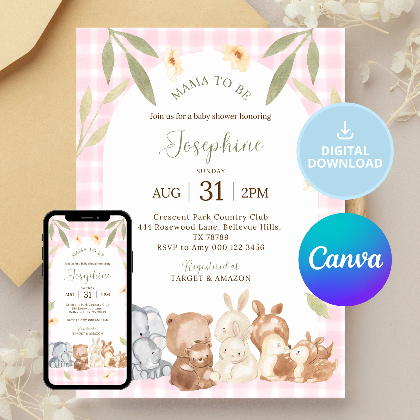 Showered with Love, Mama To Be | Gingham Picnic | Garden Theme | Baby Shower Invitation