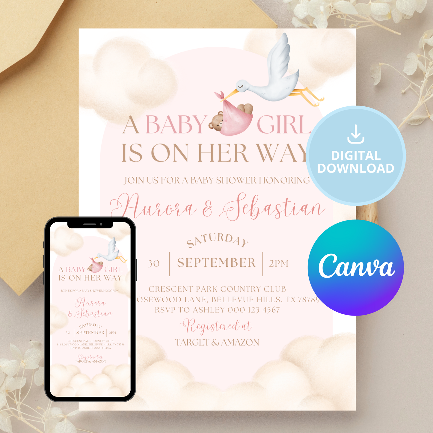Celebrating Under the Clouds | A Baby Girl is on Her Way | Pink | Cloud Theme Baby Shower Invitation