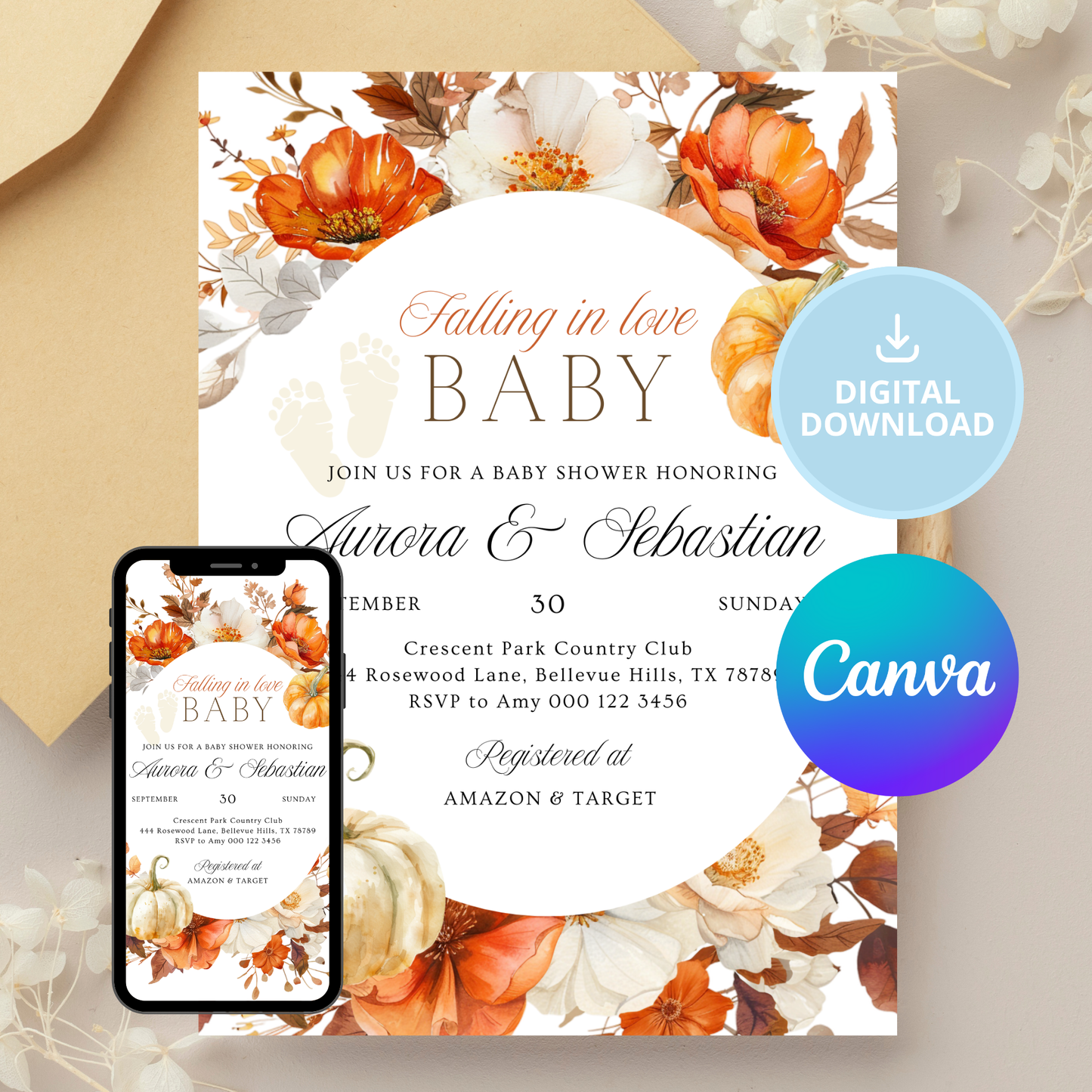 Falling in love Baby | Rustic Neutral Theme | Fall Flowers and Pumpkin | Autumn Baby Shower Invitation