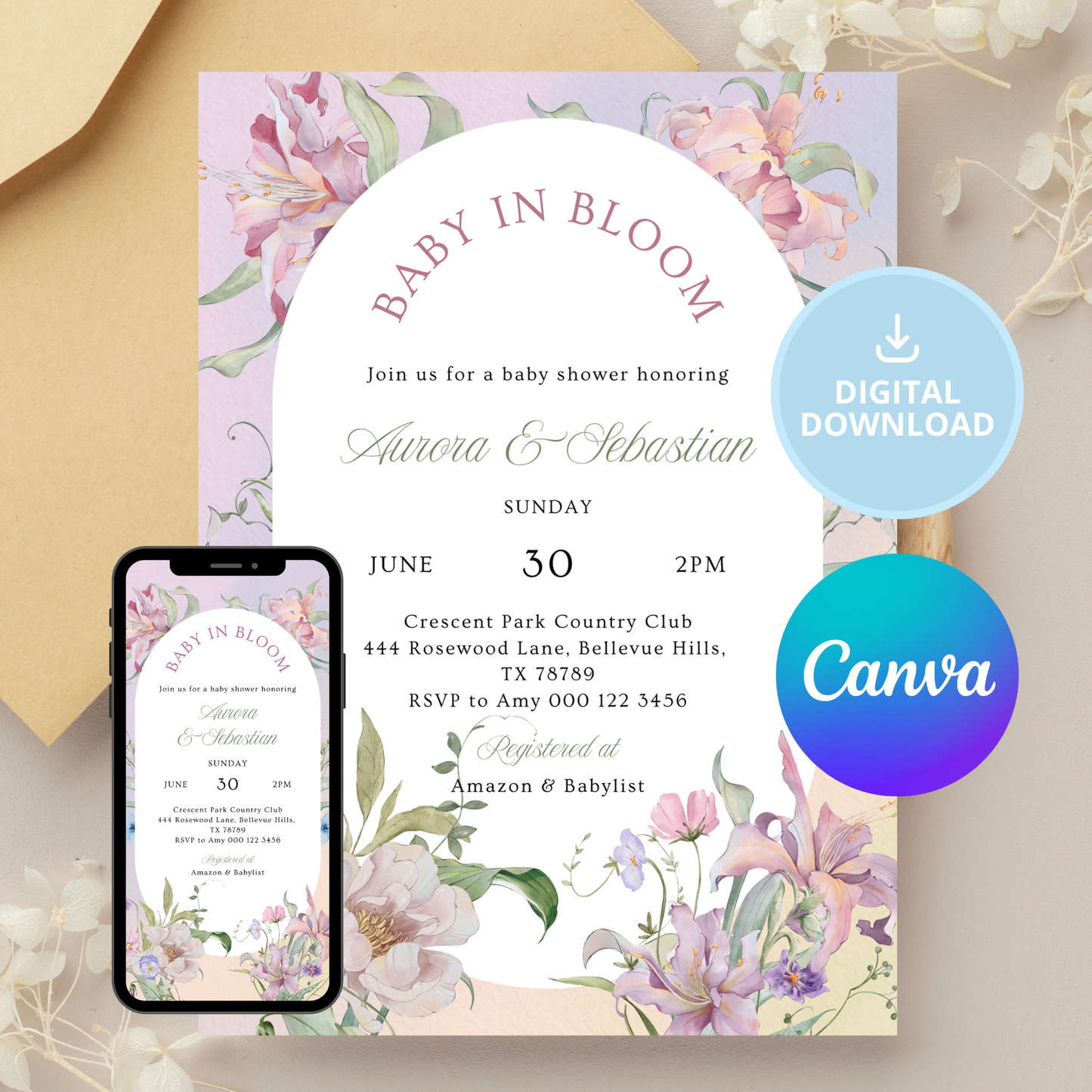 Baby in Bloom Baby Shower Invitation | Garden Theme | Botanical Flowers | Spring Baby Shower