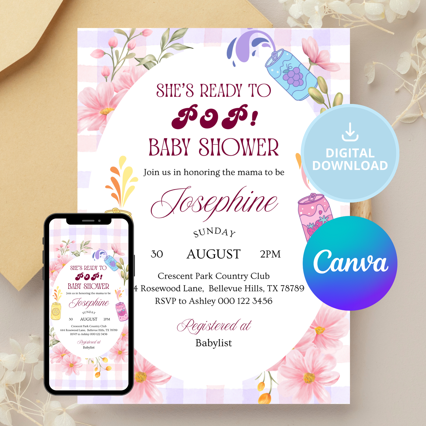 She's Ready to Pop Baby Shower Invitation | Colorful Retro Soda Pop Theme | Mama to be Celebration | Gender Reveal