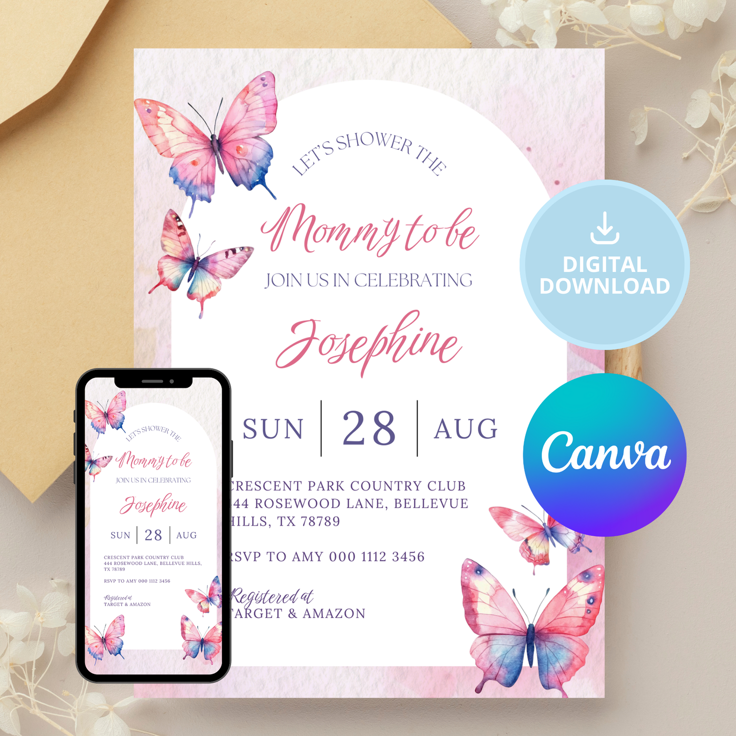 Fluttering into Motherhood | Mama to be | Butterfly Theme | Baby Shower Invitation