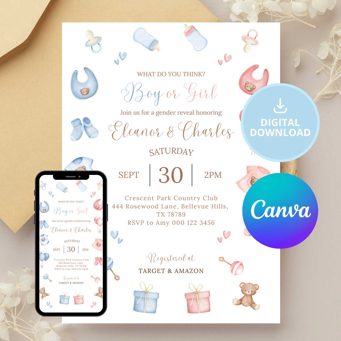 Classic Blue VS Pink Gender Reveal | Come and See, What Will Baby Be? | Boy or Girl? | Baby Shower Invitation