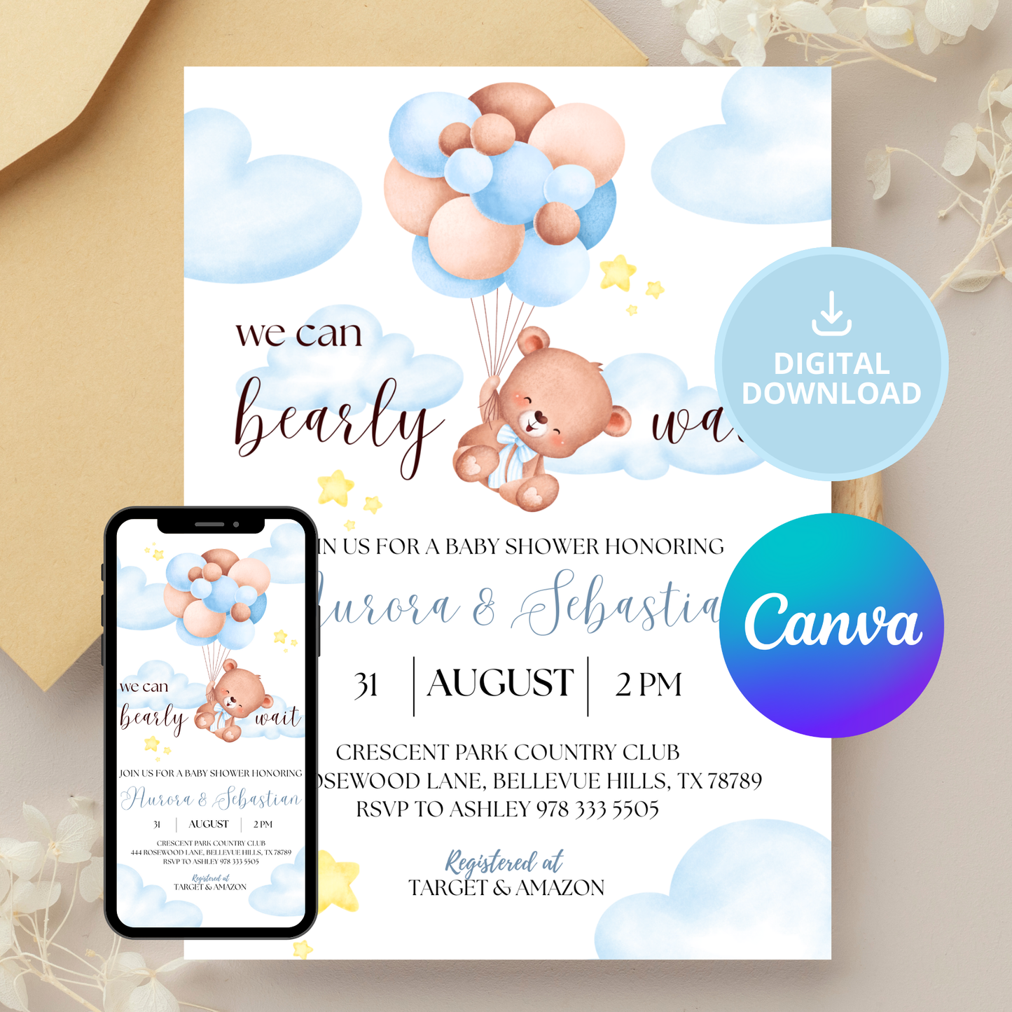 We Can Bear-ly Wait Baby | Baby Shower Invitation | Bear in the Clouds Theme | Blue