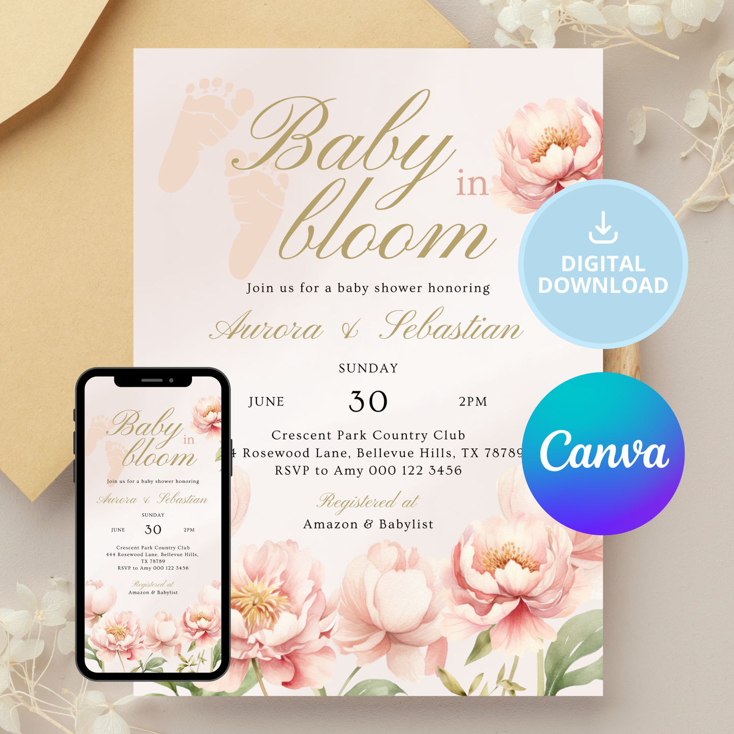 Baby in Bloom Baby Shower Invitation | Version 3 | Garden Theme | Botanical Flowers | Spring Baby Shower