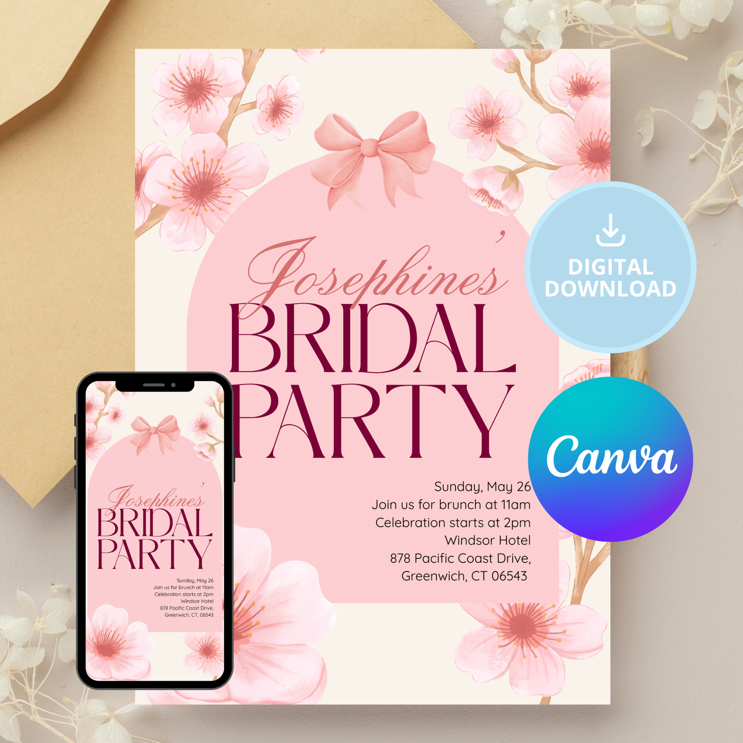 Cherry Blossom Invitation | Bridal Party | Birthday | Itinerary Included | Customizable Template