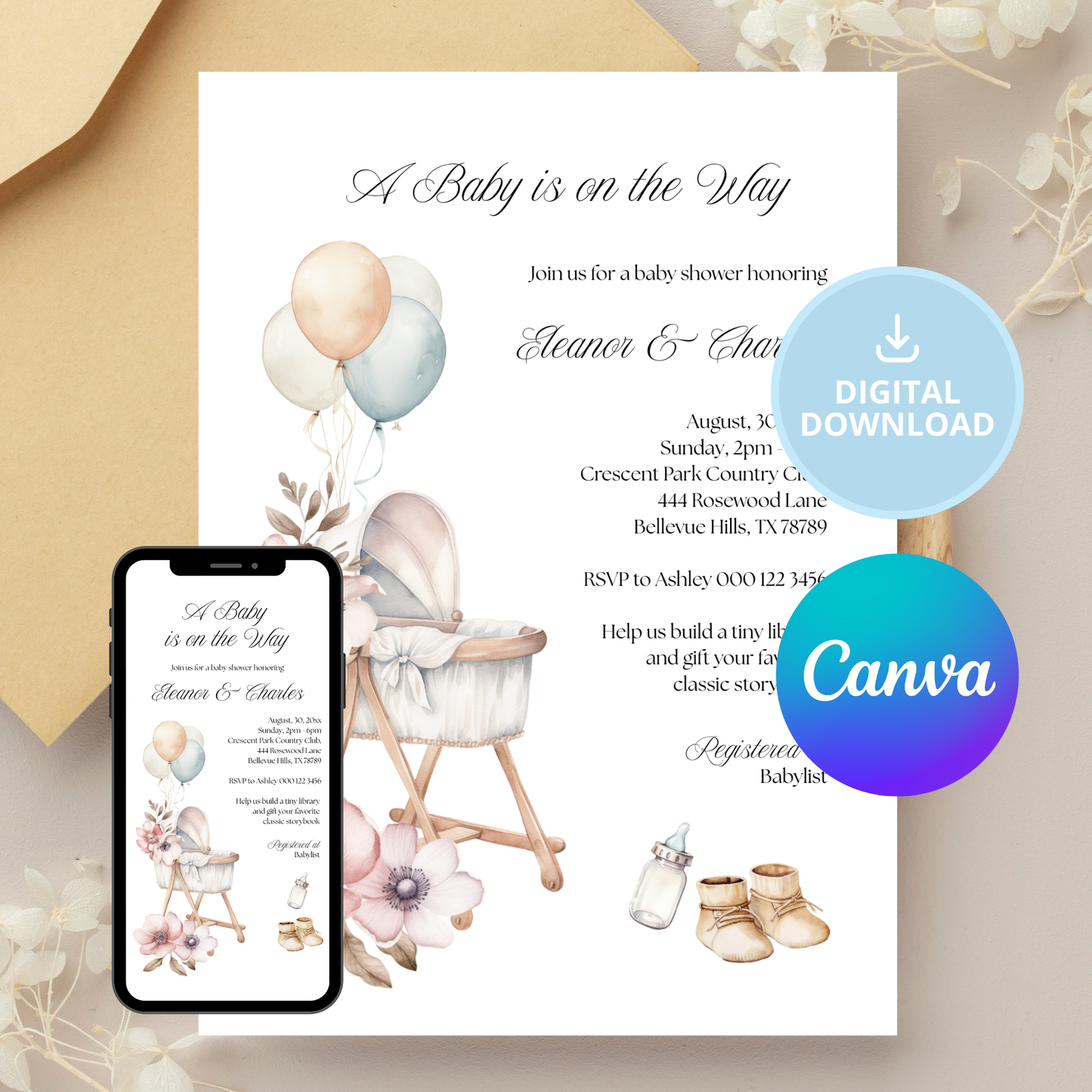 Bassinet Dreams Baby Shower Invitation | Neutral Gender Reveal | Vintage Newborn Baby | Spring Baby Shower Theme