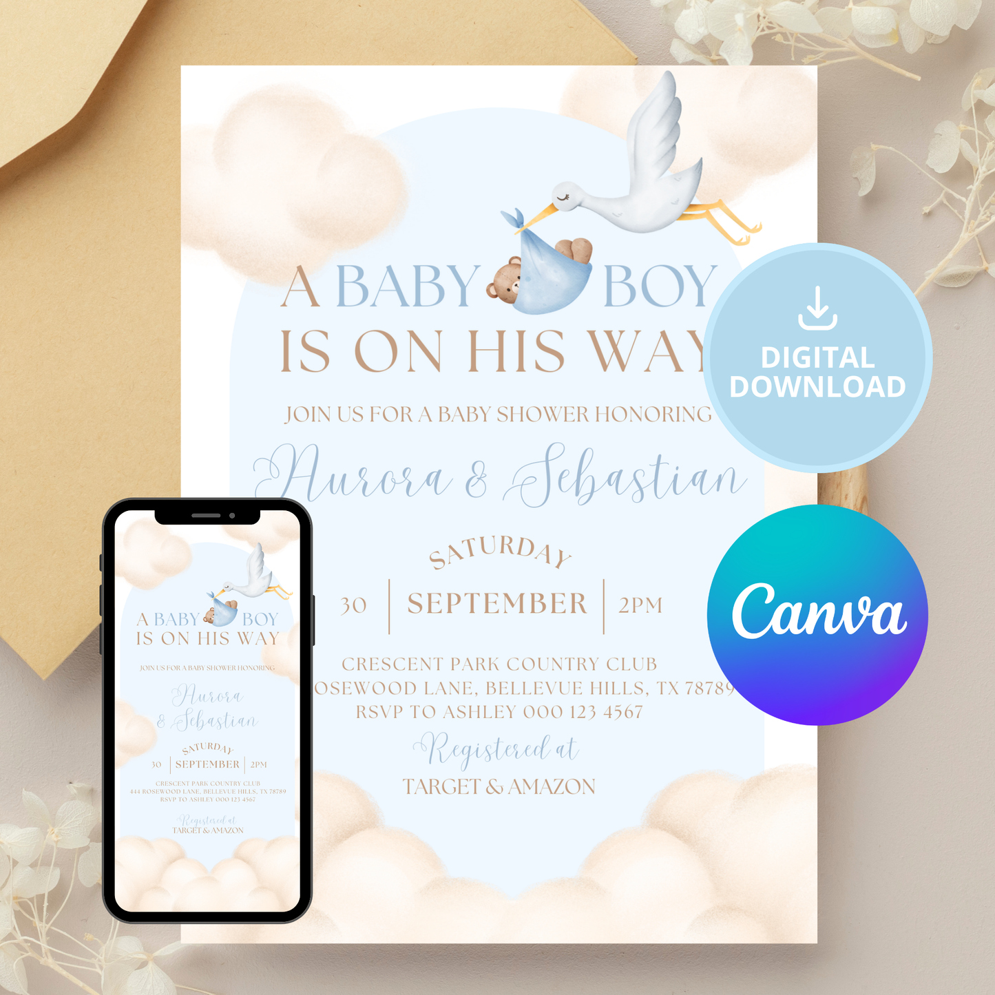 Celebrating Under the Clouds | A Baby Boy is on His Way | Blue | Cloud Theme Baby Shower Invitation