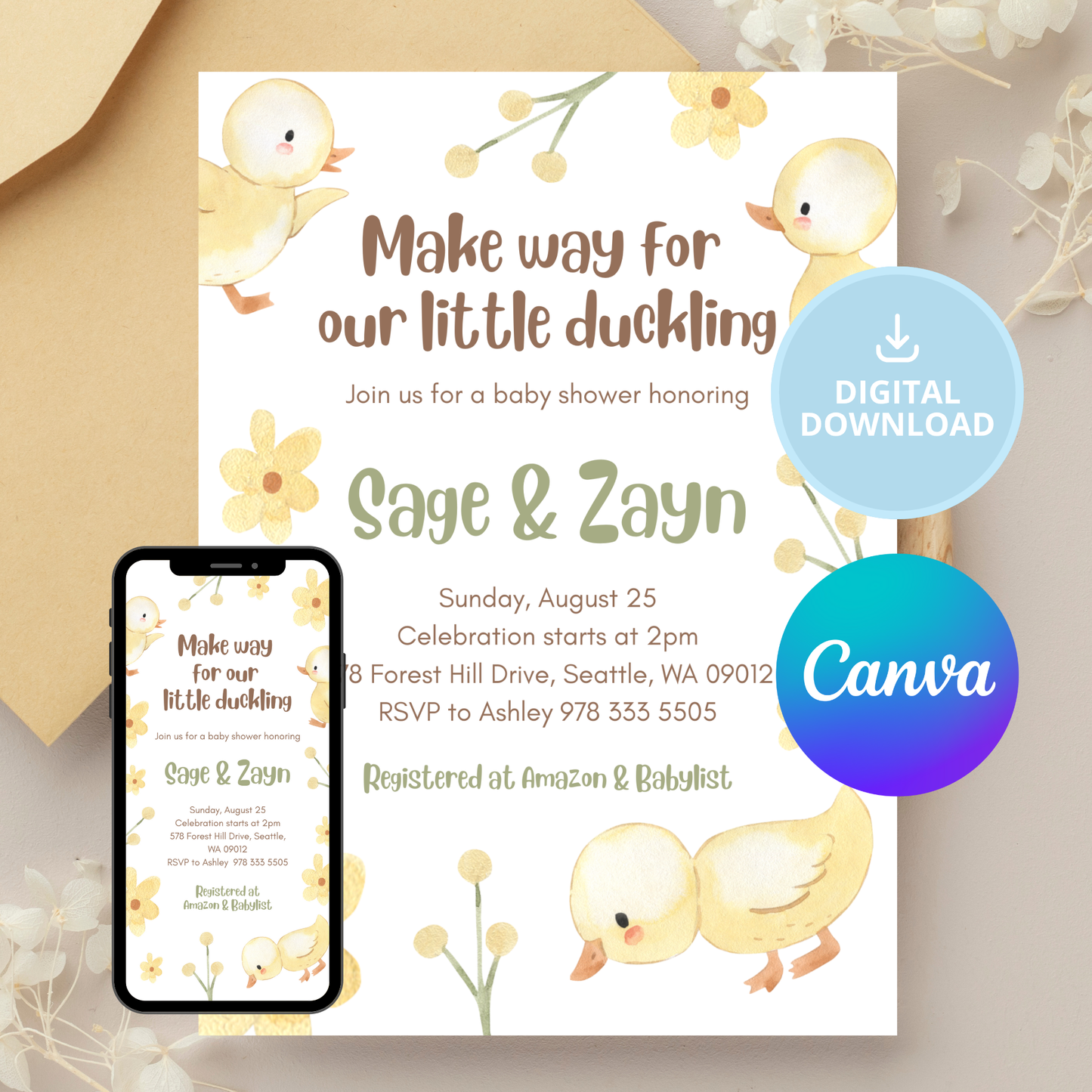 Waddle this way to Celebrate Baby on the way | Inspired by, Make way for Ducklings | Spring Baby Shower Invitation