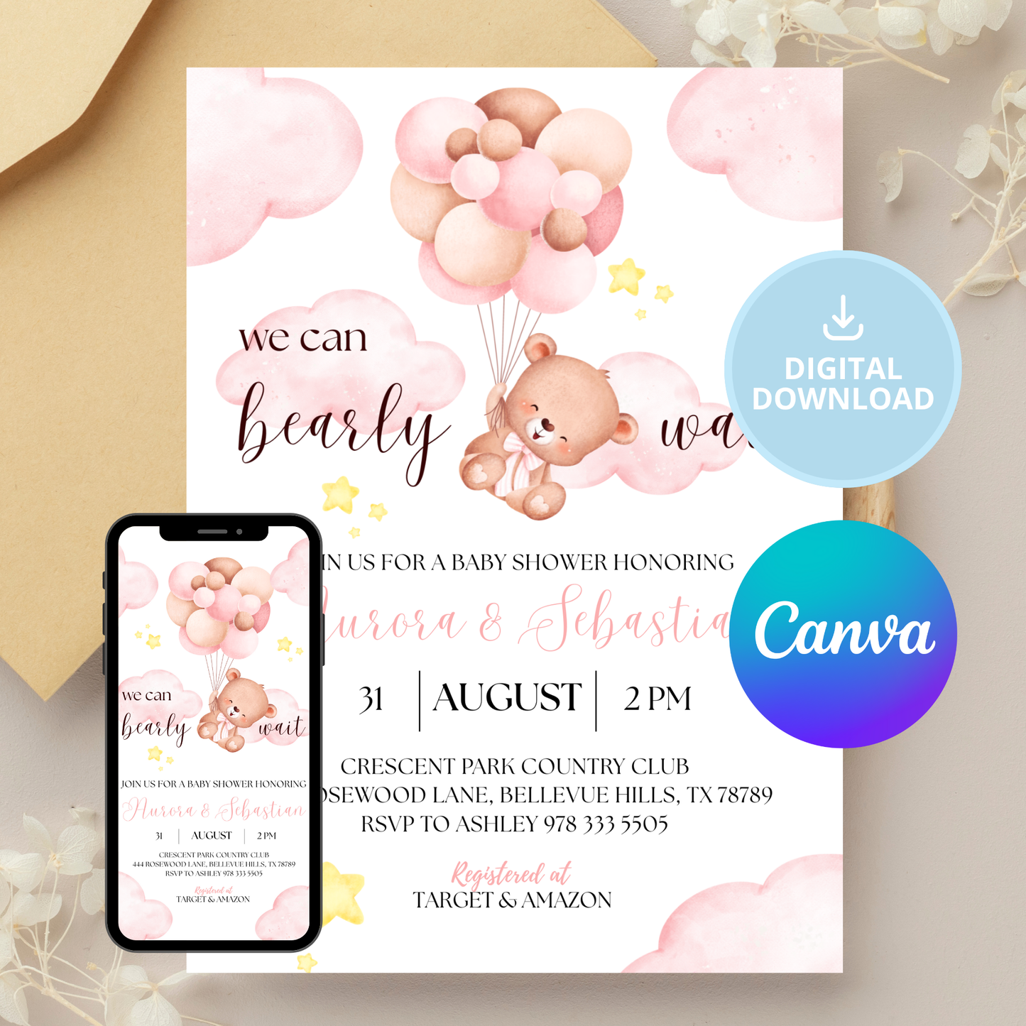We Can Bearly Wait Baby | Baby Shower Invitation | Bear in the Clouds Theme | Pink