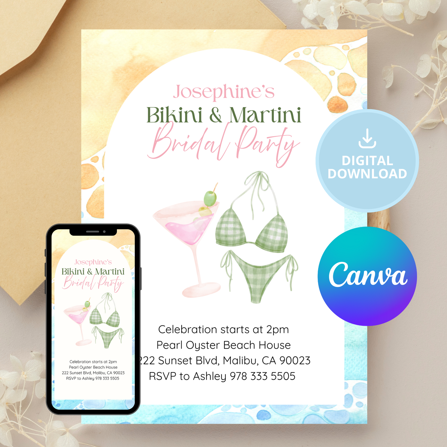 Sip, Splash, & Celebrate the Bride | Bikinis & Martinis Bridal Party or Birthday | Customizable Template