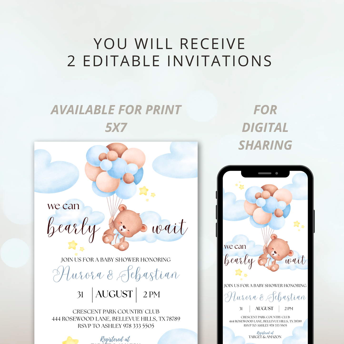 We Can Bear-ly Wait Baby | Baby Shower Invitation | Bear in the Clouds Theme | Blue