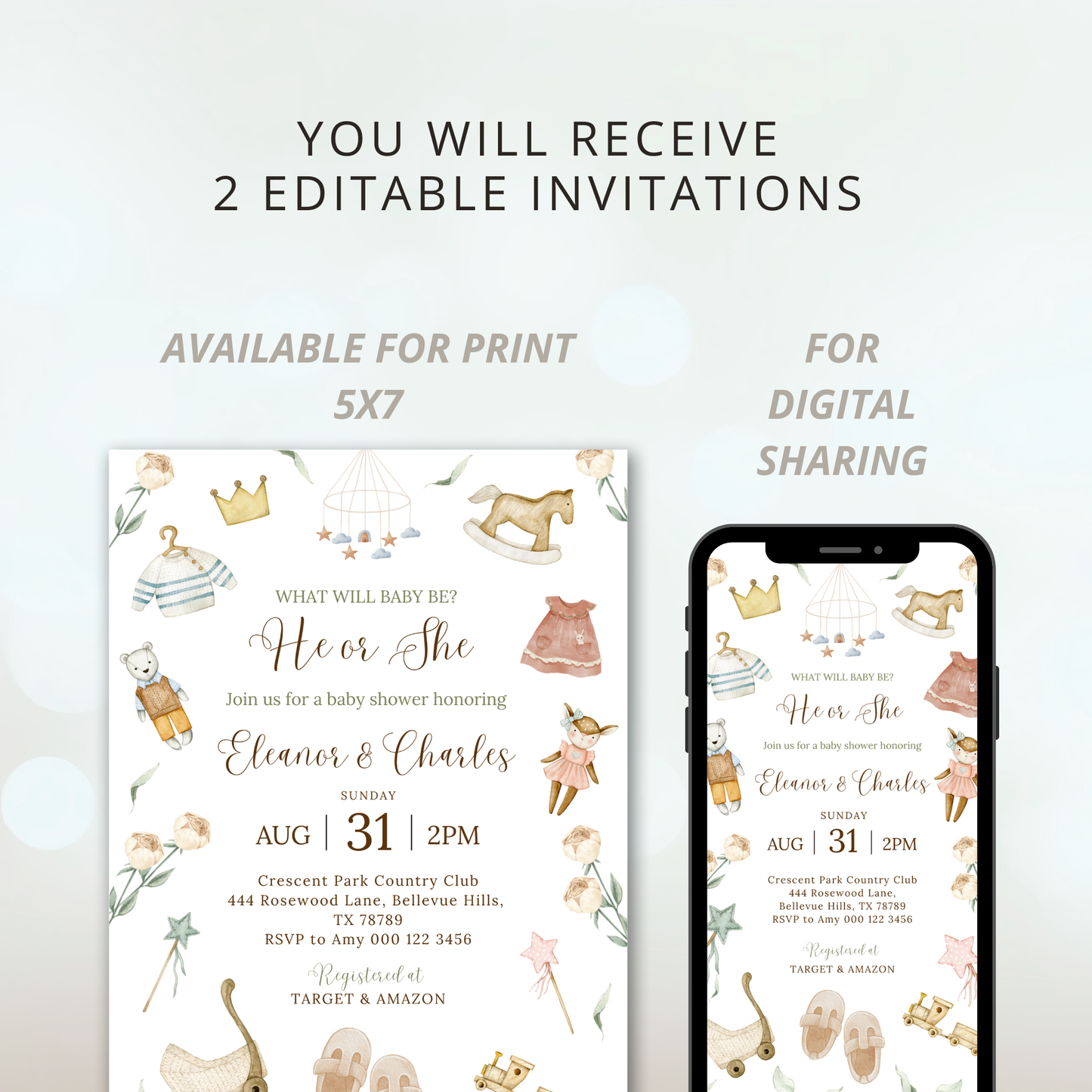 A Vintage Celebration for Baby-to-be | Neutral Gender Reveal | What will baby be? | He or She | Baby Shower Invitation