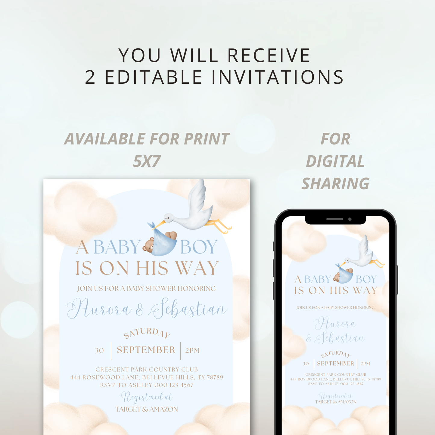 Celebrating Under the Clouds | A Baby Boy is on His Way | Blue | Cloud Theme Baby Shower Invitation