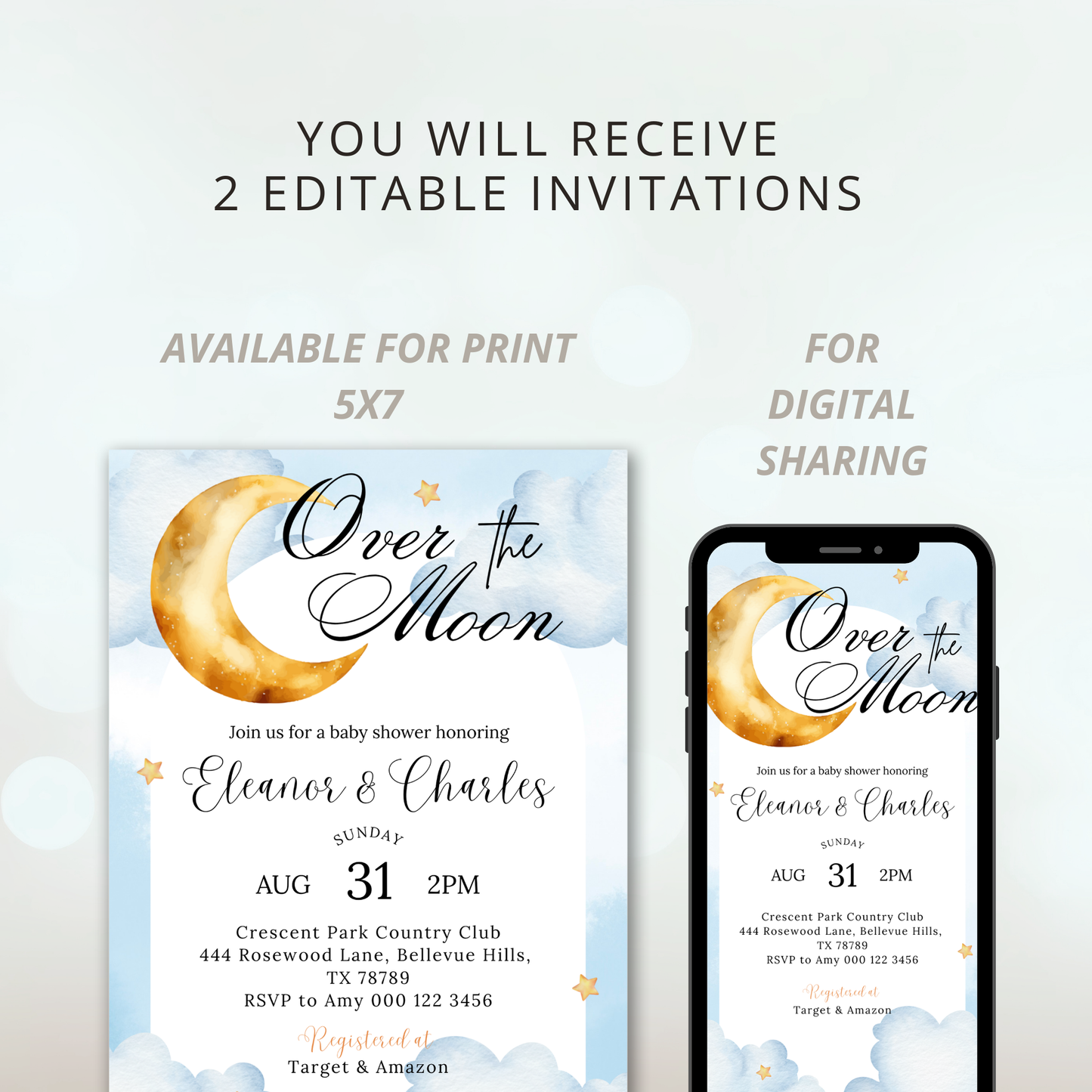 Over the Moon Baby Shower Invitation | Moon and Stars Celestial theme | Whimsical Night Sky | Starry Nights