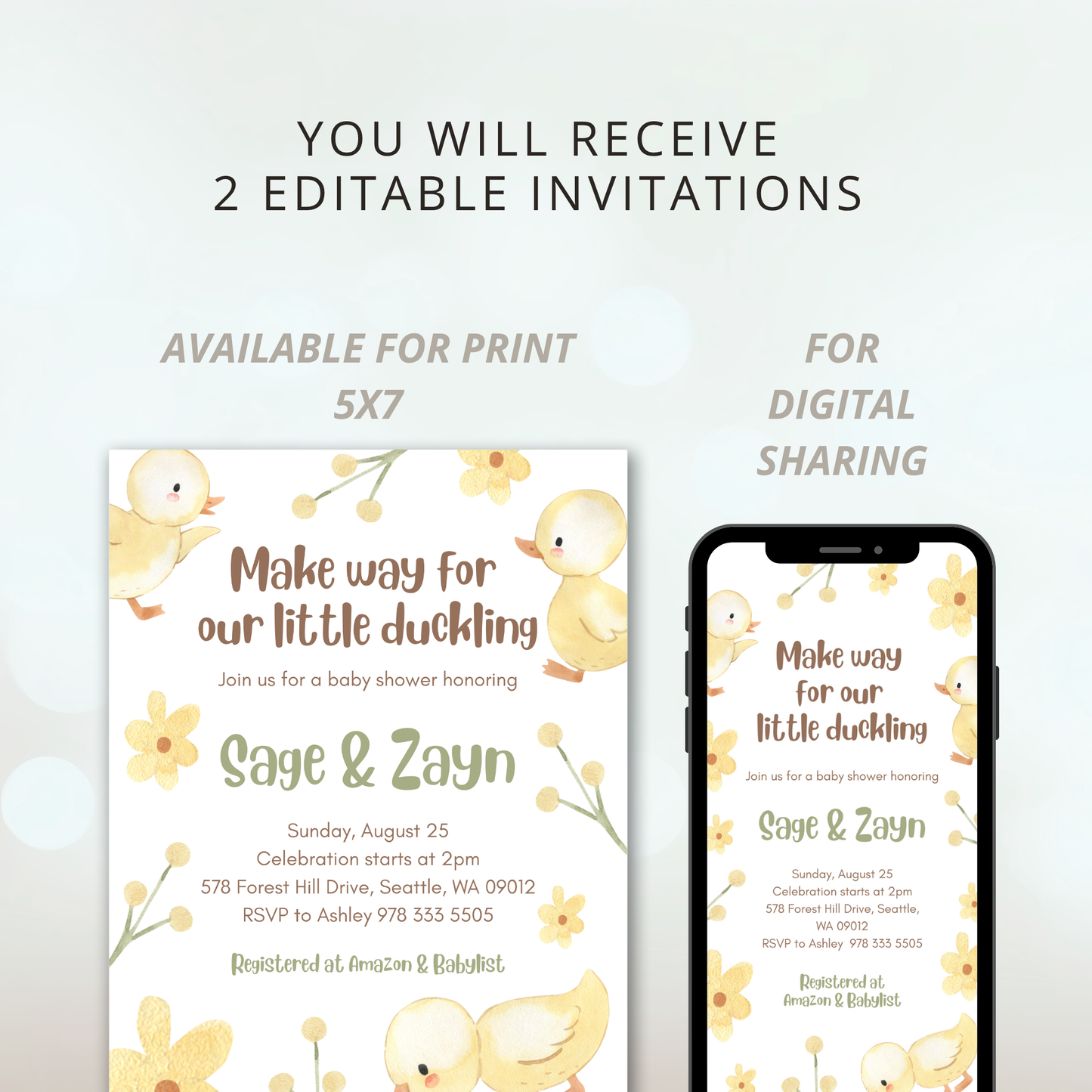Waddle this way to Celebrate Baby on the way | Inspired by, Make way for Ducklings | Spring Baby Shower Invitation