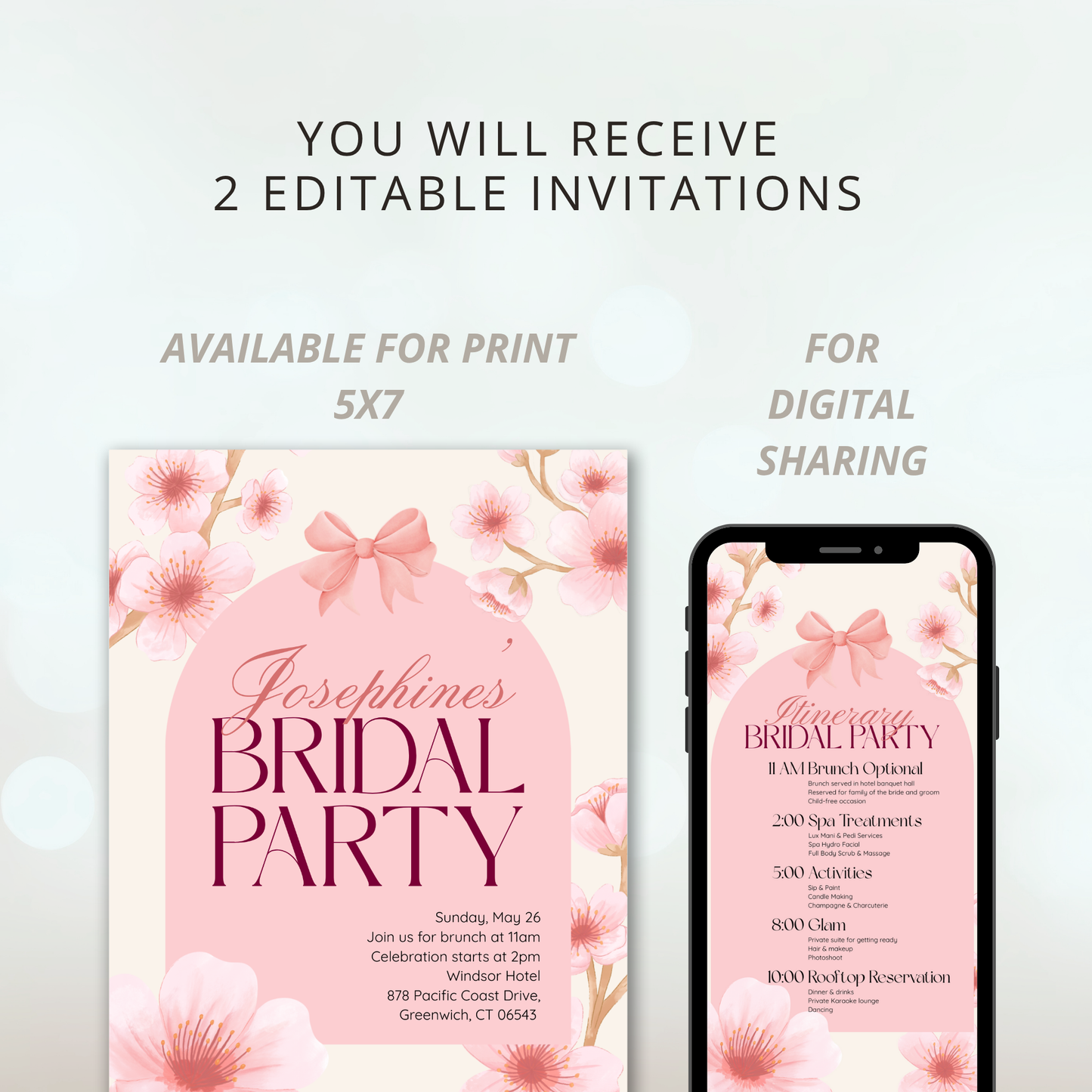 Cherry Blossom Invitation | Bridal Party | Birthday | Itinerary Included | Customizable Template