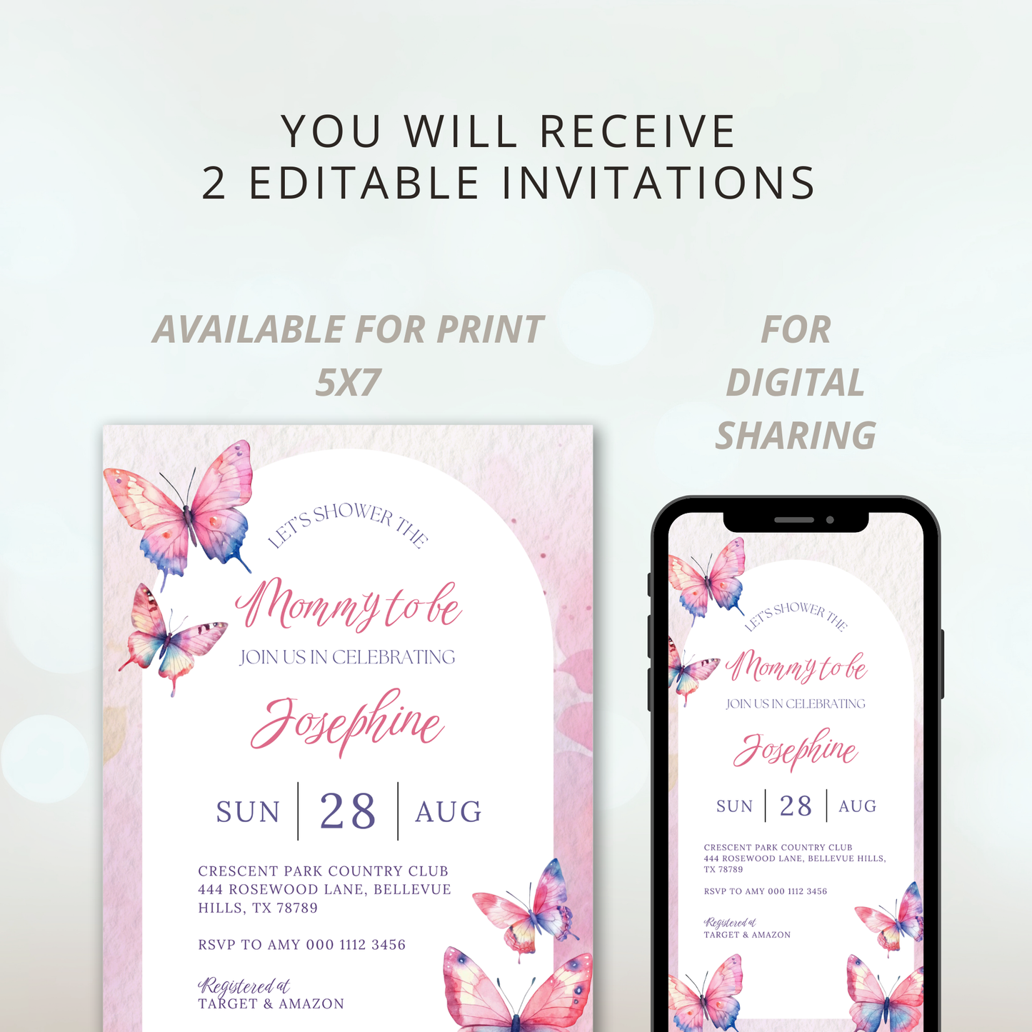 Fluttering into Motherhood | Mama to be | Butterfly Theme | Baby Shower Invitation