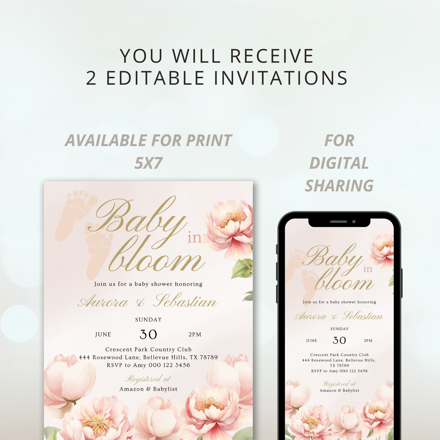 Baby in Bloom Baby Shower Invitation | Version 3 | Garden Theme | Botanical Flowers | Spring Baby Shower