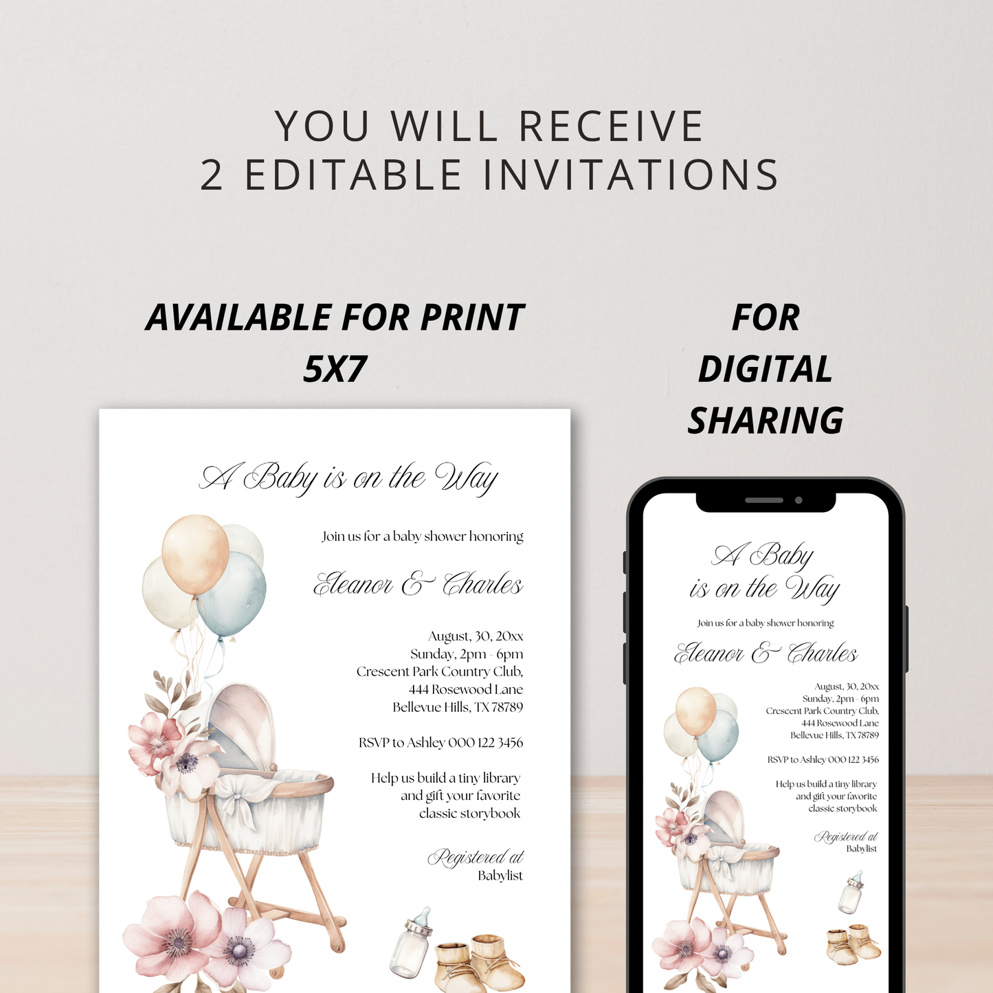 Bassinet Dreams Baby Shower Invitation | Neutral Gender Reveal | Vintage Newborn Baby | Spring Baby Shower Theme