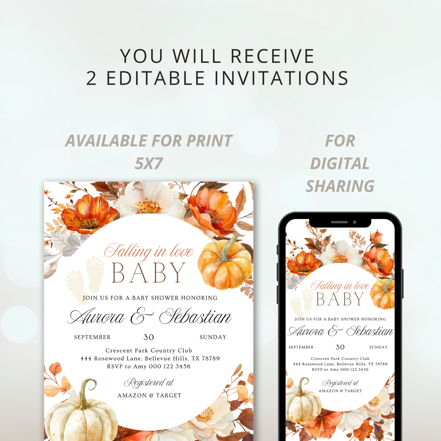 Falling in love Baby | Rustic Neutral Theme | Fall Flowers and Pumpkin | Autumn Baby Shower Invitation