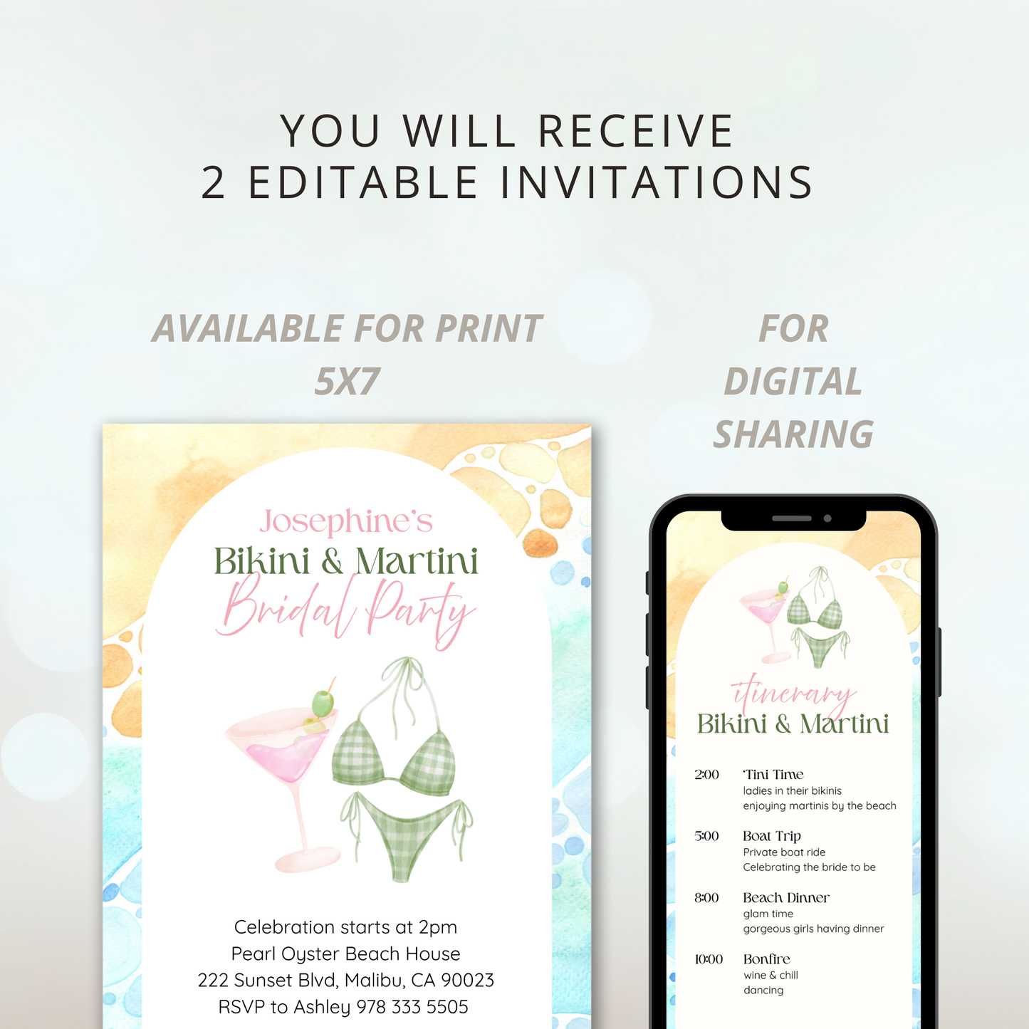Sip, Splash, & Celebrate the Bride | Bikinis & Martinis Bridal Party or Birthday | Customizable Template