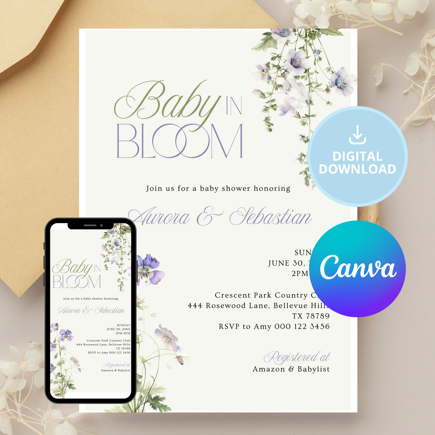 Baby in Bloom Baby Shower Invitation | Version 2 | Garden Theme | Botanical Flowers | Spring Baby Shower
