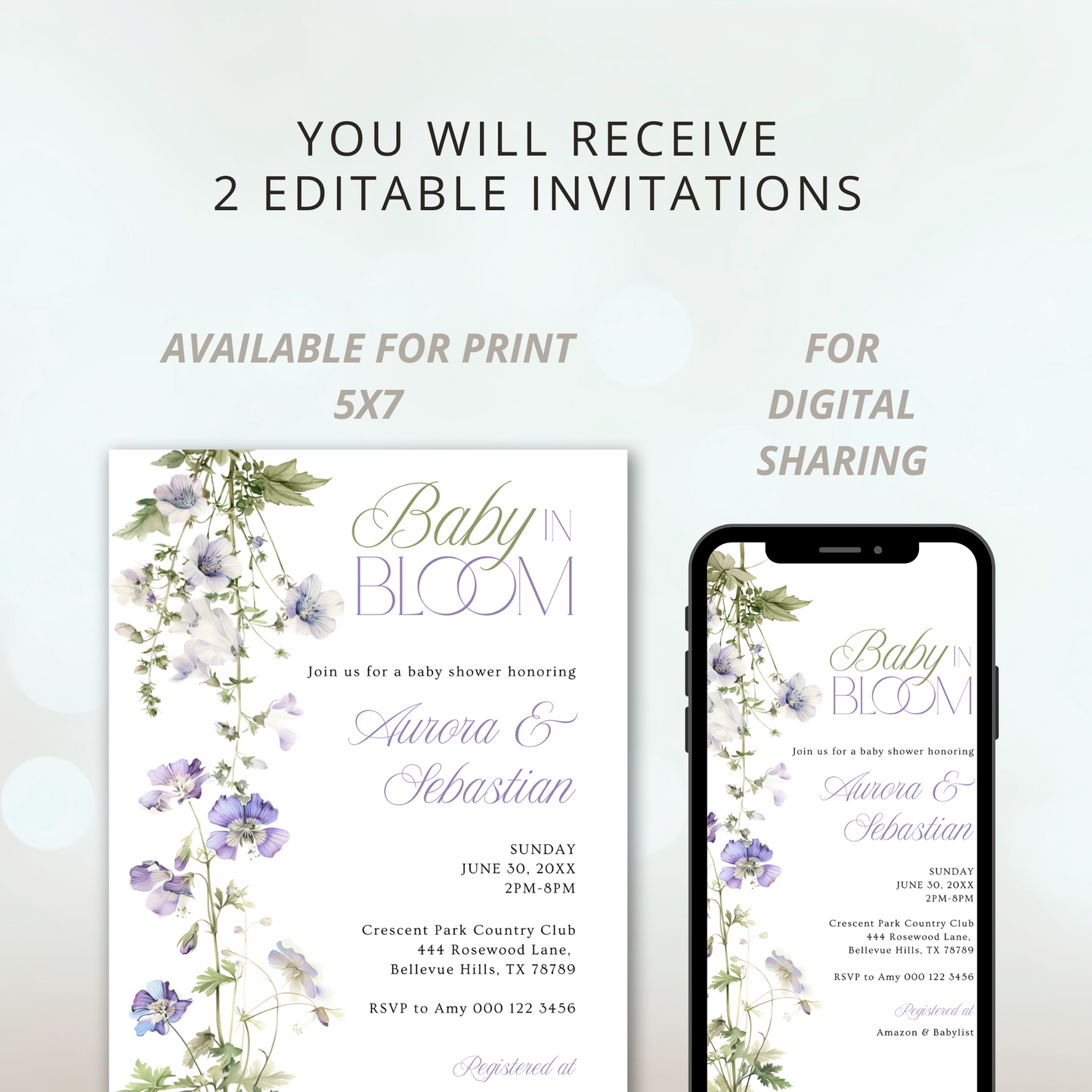 Baby in Bloom Baby Shower Invitation | Version 2 | Garden Theme | Botanical Flowers | Spring Baby Shower