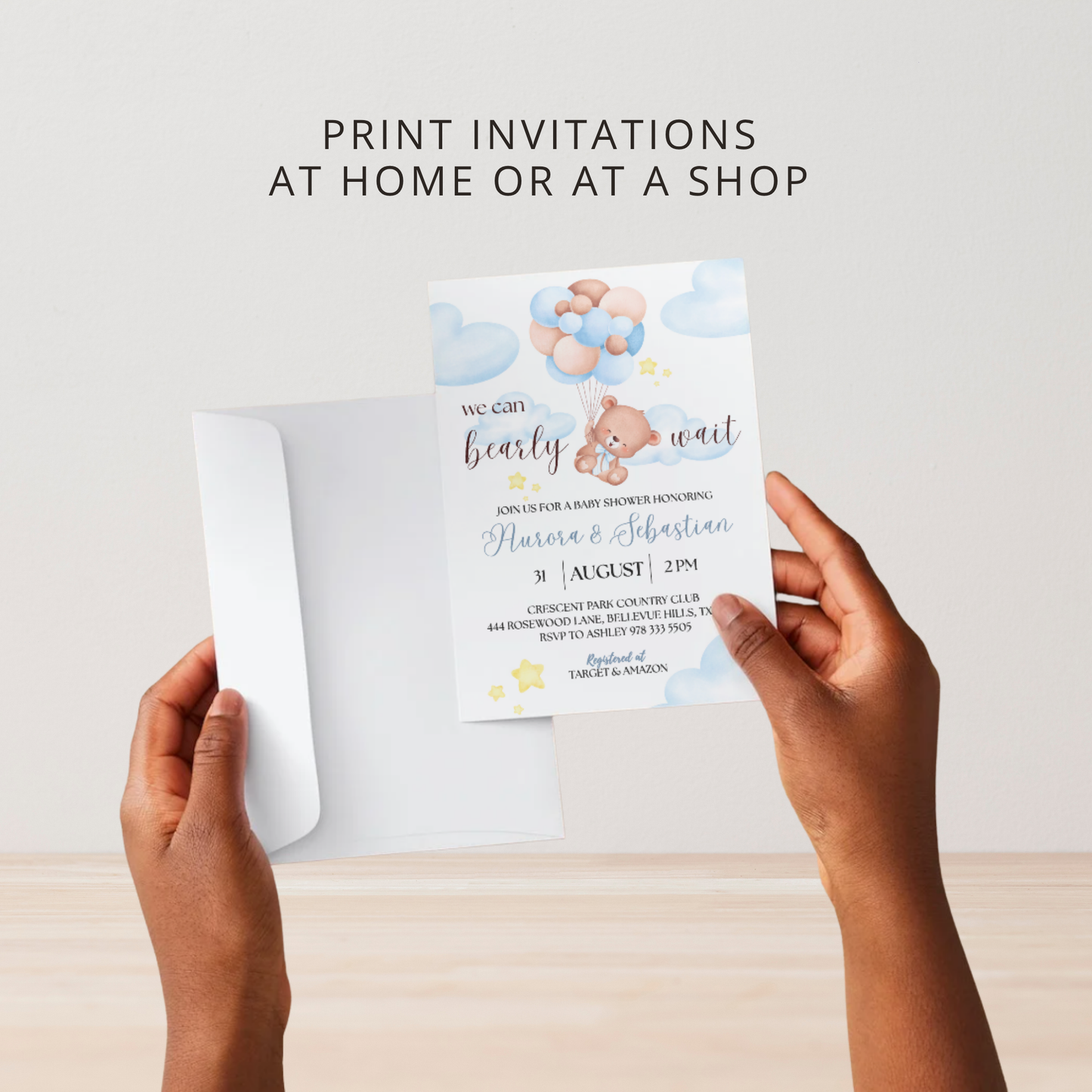 We Can Bear-ly Wait Baby | Baby Shower Invitation | Bear in the Clouds Theme | Blue