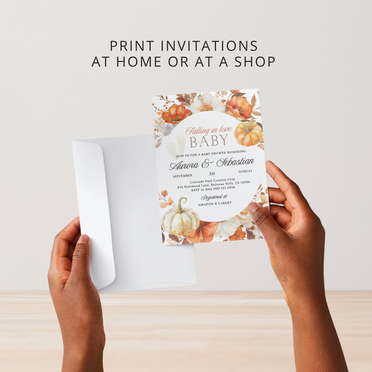 Falling in love Baby | Rustic Neutral Theme | Fall Flowers and Pumpkin | Autumn Baby Shower Invitation