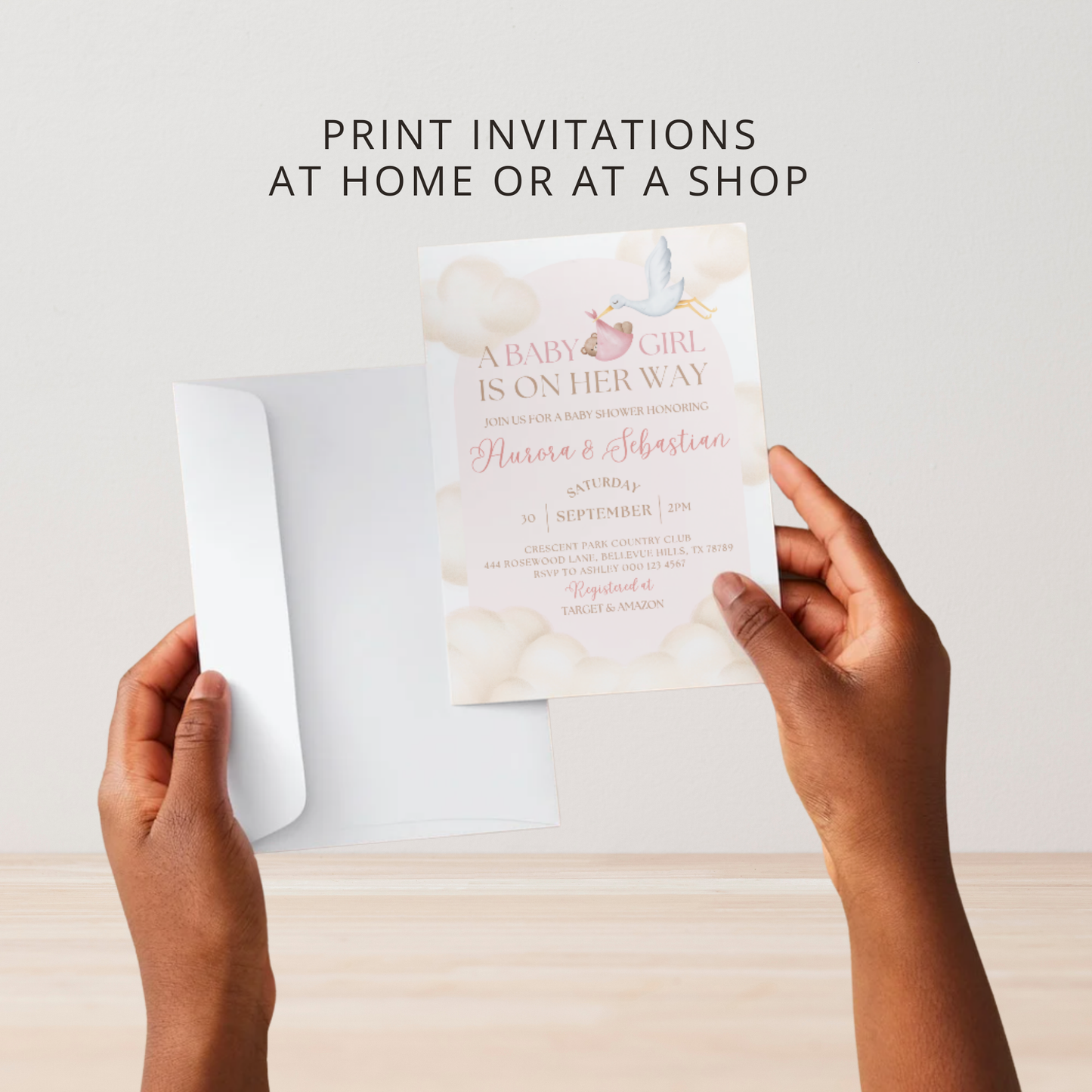 Celebrating Under the Clouds | A Baby Girl is on Her Way | Pink | Cloud Theme Baby Shower Invitation