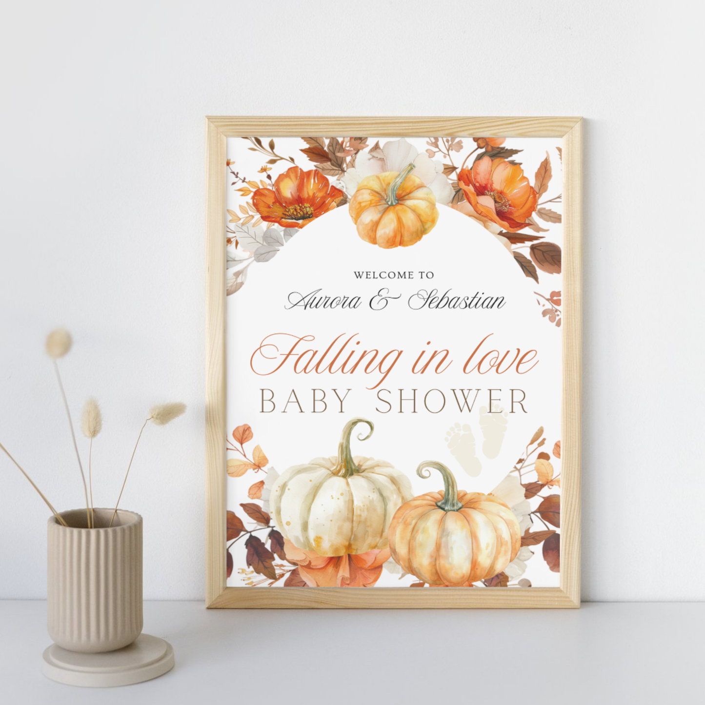 Falling in love Baby | Rustic Neutral Theme | Fall Flowers and Pumpkin | Autumn Baby Shower Invitation